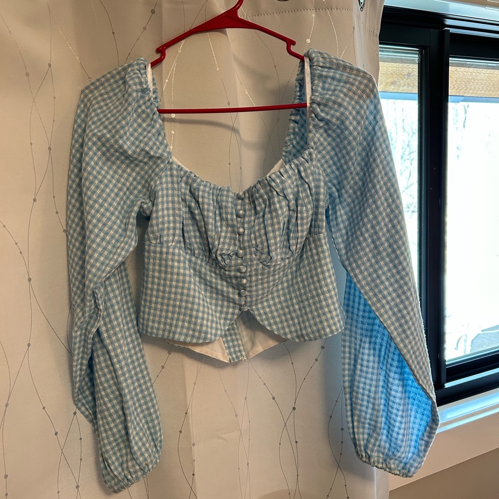 Superdown, long sleeve, blue gingham, cropped shirt